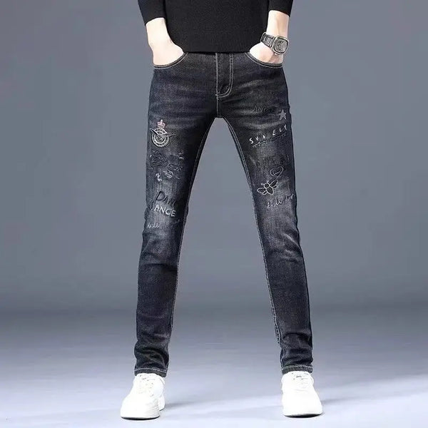 Luxury Men's Skinny Jeans with Embroidery Hip Hop Style Korean Fashion