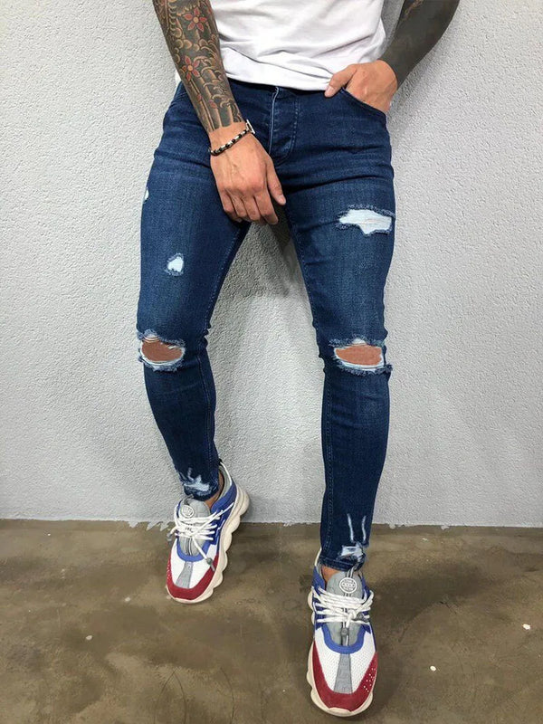 Fashion Street Style Knee Ripped Skinny Jeans Men Vintage Wash Solid Denim Trouser Mens Casual Slim Jogging Pants Men Clothes