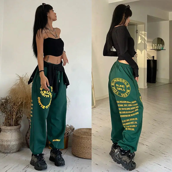 Green Print Jogging Sweatpants Women Korean Fashion Oversize