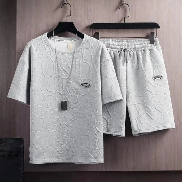 Stylish Comfortable Deep Crotch Casual Summer Tracksuit Letter Applique Two Pieces Set Men Top Shorts Set Men Clothes