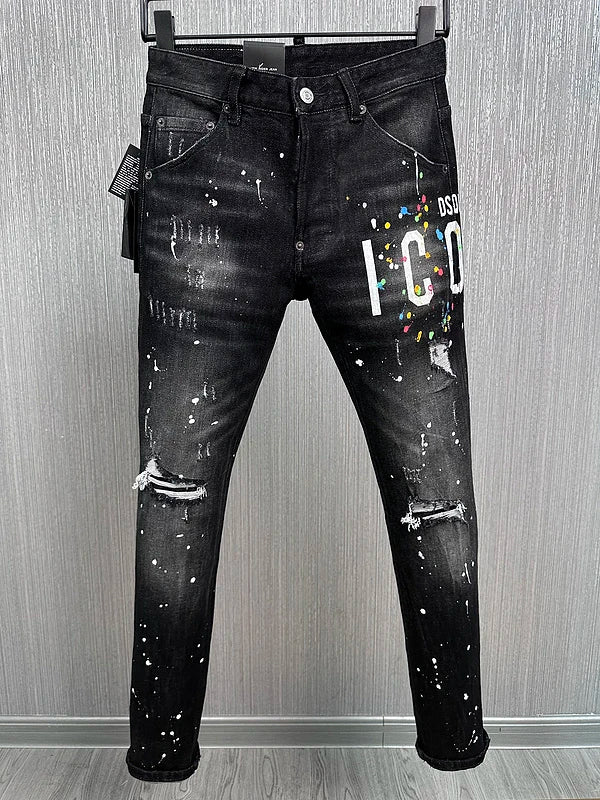 Hot Men Jeans Denim Pants Hole Slim Pencil Trousers Metal Buttons Zipper Party Clothes Classics Fashionable Black Blue 9881