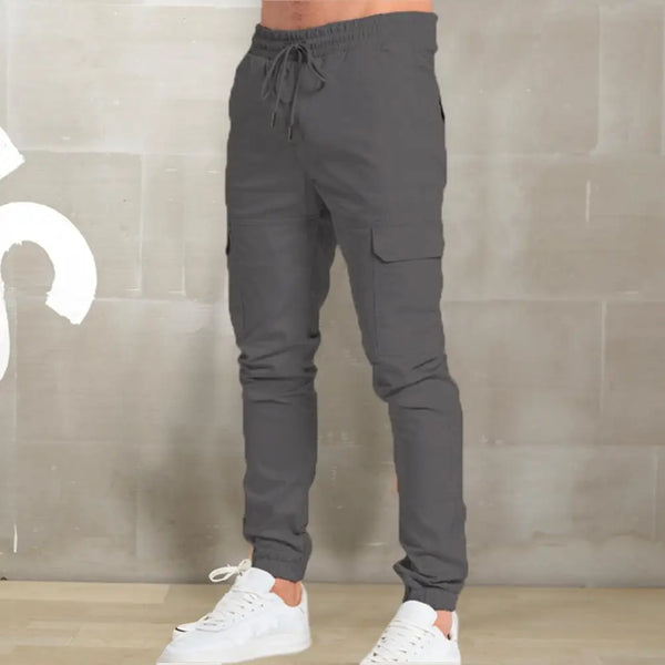 Drawstring Men Cargo Pants Ankle-banded Multiple Pockets Men Trousers Solid Color Elastic Waist Slim Fit Casual Men Sports Pants