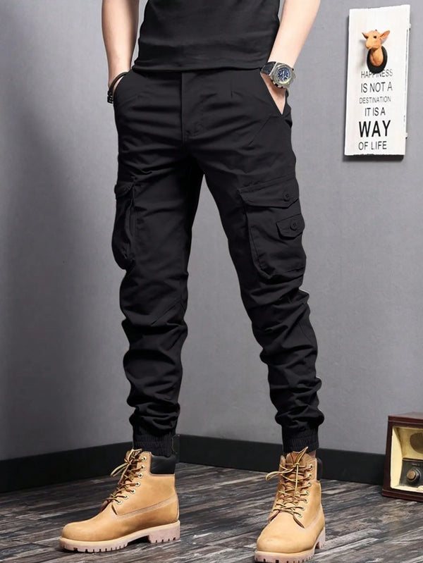 Casual Side Flap Pockets Workwear Tapered Pants, Men's Cargo Pants For Spring Fall Outdoor