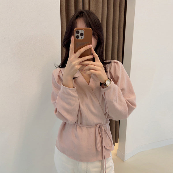 Women's Individuality Buttonless Waist Tie Solid Color Long Sleeve Shirts