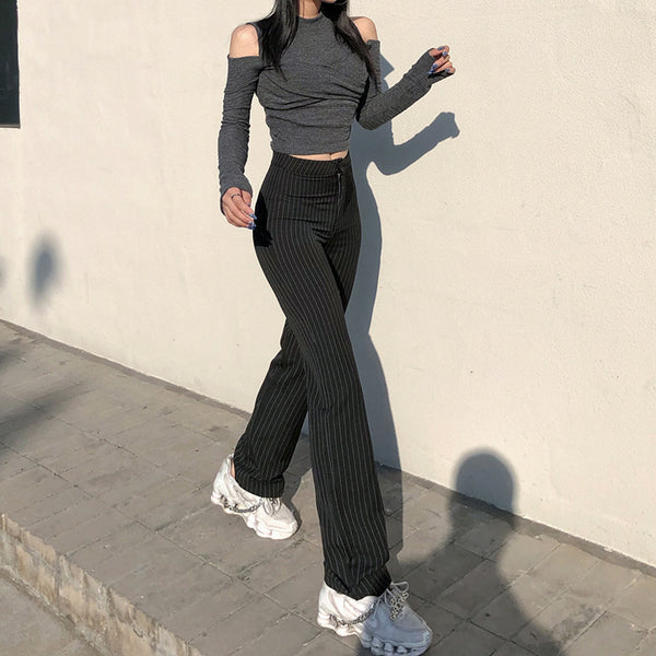 Fashion New Style Striped Suit Material Straight Leg Pants Women