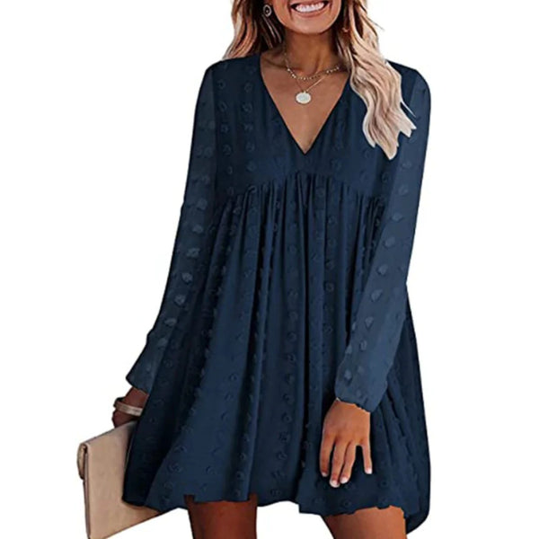 Womens V Neck Long Sleeves Flowy Dress