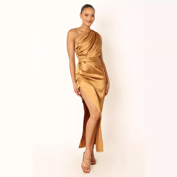 Oblique Shoulder Satin Solid Color Dress Evening Dress For Women