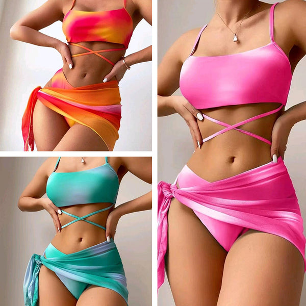 three pcs Tie Dye Print Bikini With Short Skirt Summer Beach Sexy Swimwear Womens Clothing