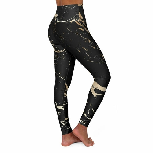 High Waisted Yoga Pants, Black And Gold Swirl Style Sports Pants