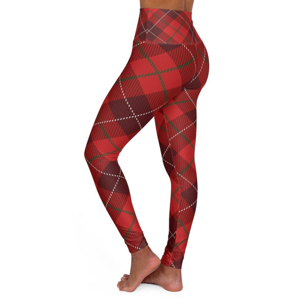 Womens High Waist Fitness Leggings / Yoga Pants, Red Plaid